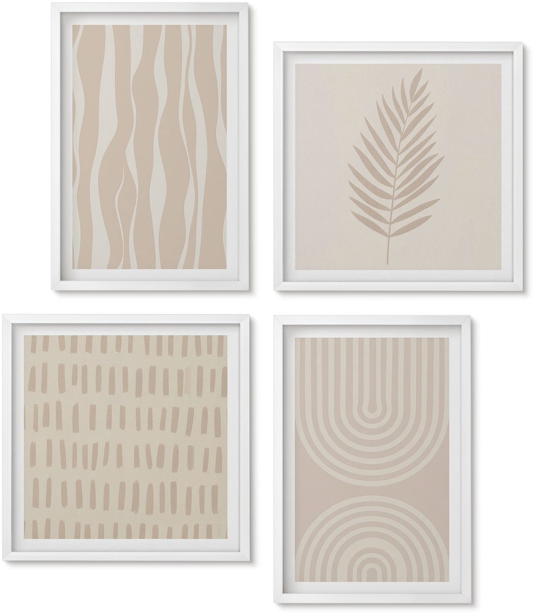 Wallfluent 4-Delige Schilderij Set - Patronen In Beigetinten Met Plantmotieven - 40 x 40 En 40 x 60 - Stijlvolle Muurdecoratie - Slaapkamer - Decoratieve Schilderijen