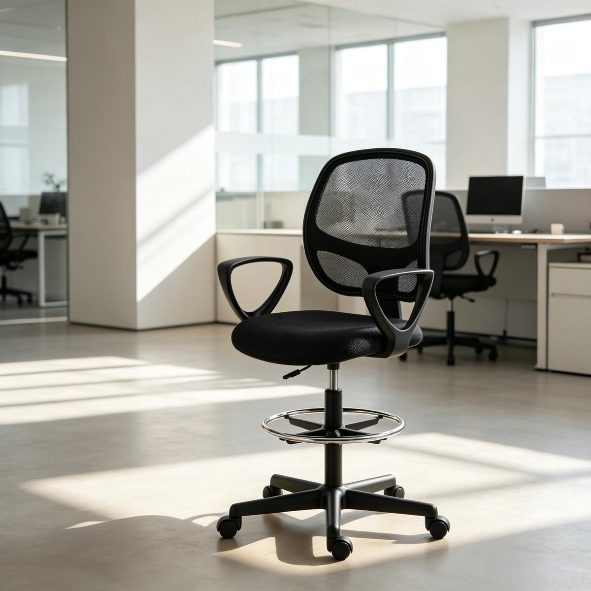 OKWISH Bureaustoel – Hoogteverstelbare Ergonomische Bureaustoel Met Voetring En Wielen – Voor Werkplek En Tekentafel – Mesh – Zwart