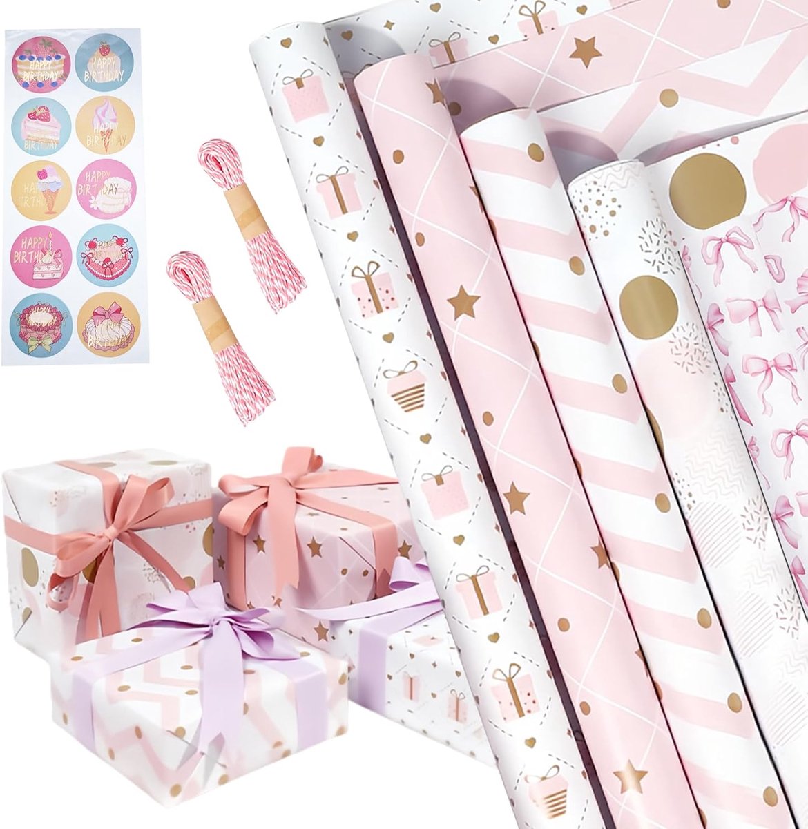 Cadeaupapierset 5 rollen - 43 cm x 3 m - roze cadeaupapier met touwen en plakband - ShopVlot