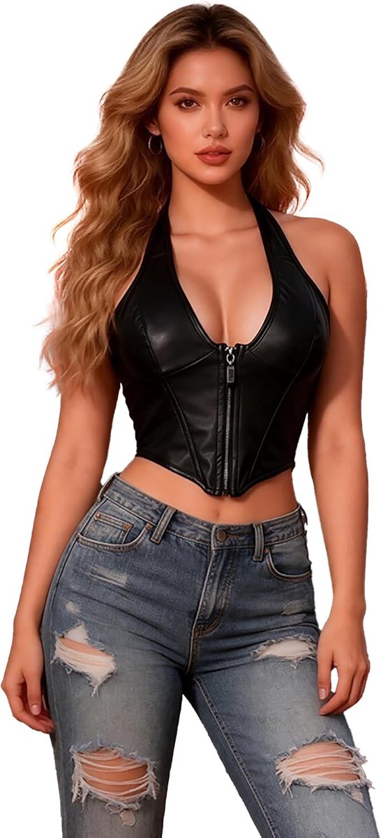corset top XS - zwart kunstleer - sexy V-hals - perfect voor goth en punk stijl - ShopVlot