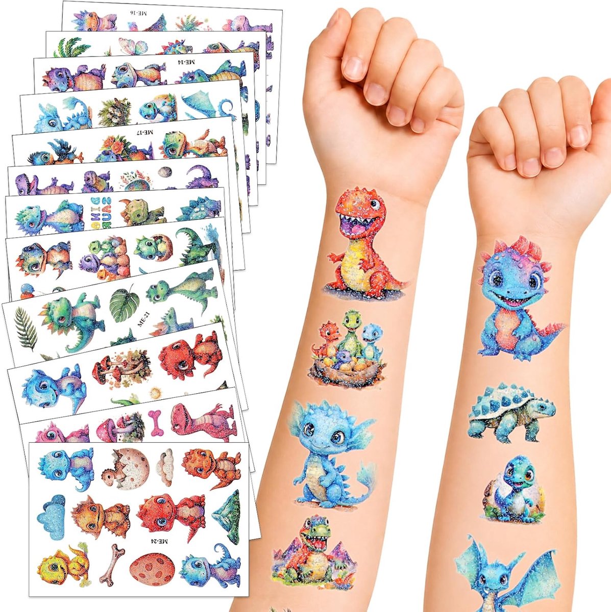 Dinosaurusschminktattoos voor kinderen - 12 vellen - glitters - veilige en waterdichte tijdelijke tattoos - ShopVlot