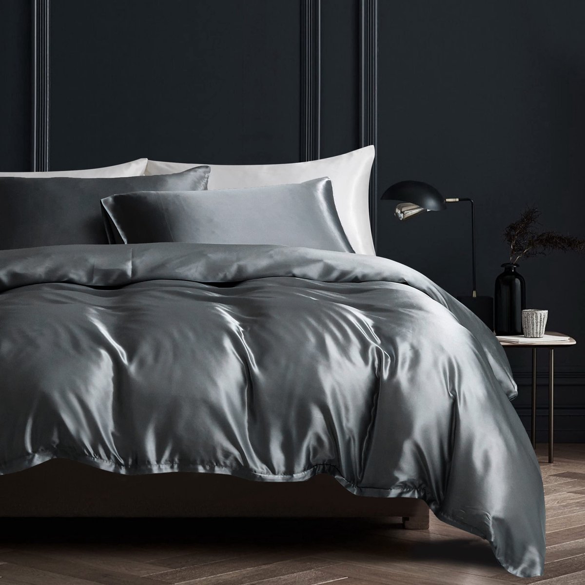 Damier Satijnen beddengoed, 220 x 240 cm, donkergrijs, antracietgrijs, glanzend satijn, zijdeachtig glanzend, luxe - ShopVlot