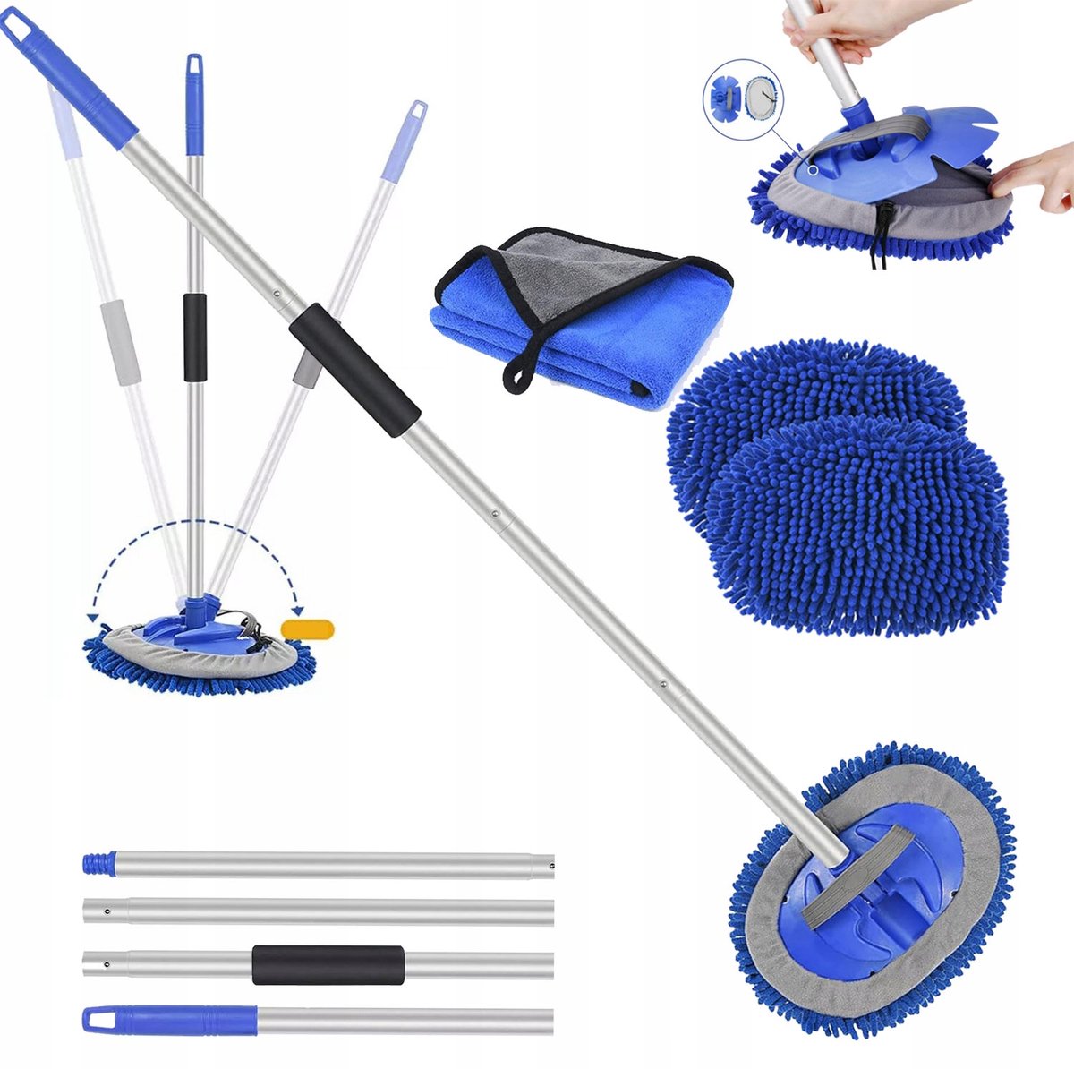 Telescopische Autowasborstel Mop met 2 Extra Microvezel Hoofden