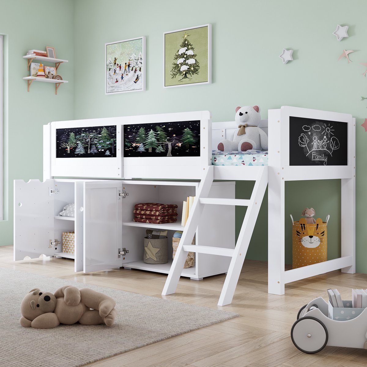 Hoogslaper - 90 x 200 cm - 1-persoons - met opbergruimte - met ladder - Wit en Zwart