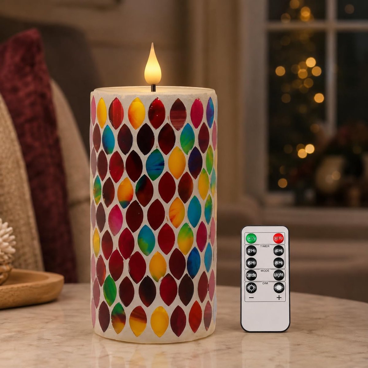 Da by 1 stuk handgemaakte mozaïek ledkaars met druppelvormige kleurglasscherven, realistisch flikkerende vlam - ShopVlot