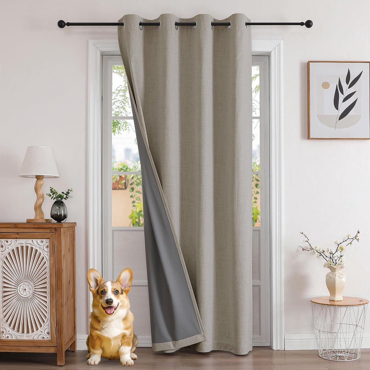Famanu 100% ondoorzichtige gordijnen met linnenlook, deurgordijn en verduisterende gordijnen met oogjes, thermo en koudebescherming, 210 x 132 cm Zwart