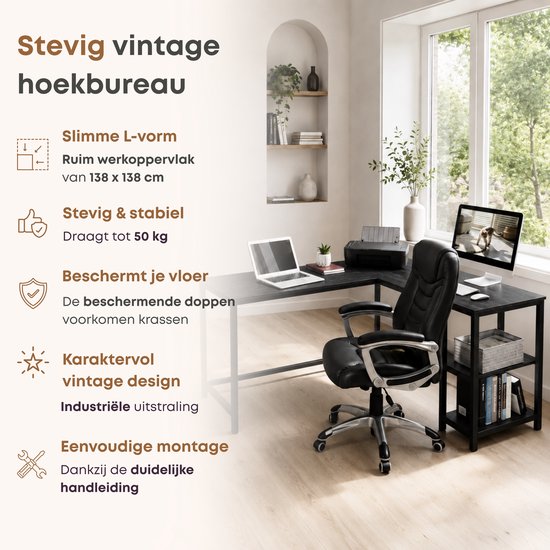 Zwart hoekbureau met leren bureaustoel, computer en printer.