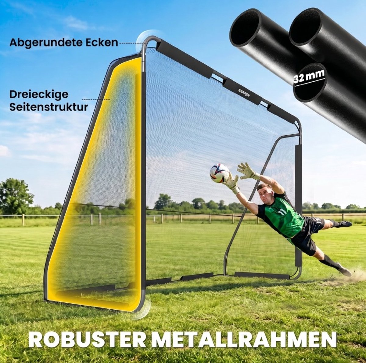 OKWISH Voetbaldoel 300 X 200 Cm Met Metalen Frame Zwart Met Polyester Net En Grondankers Voor Tuin Park En Training
