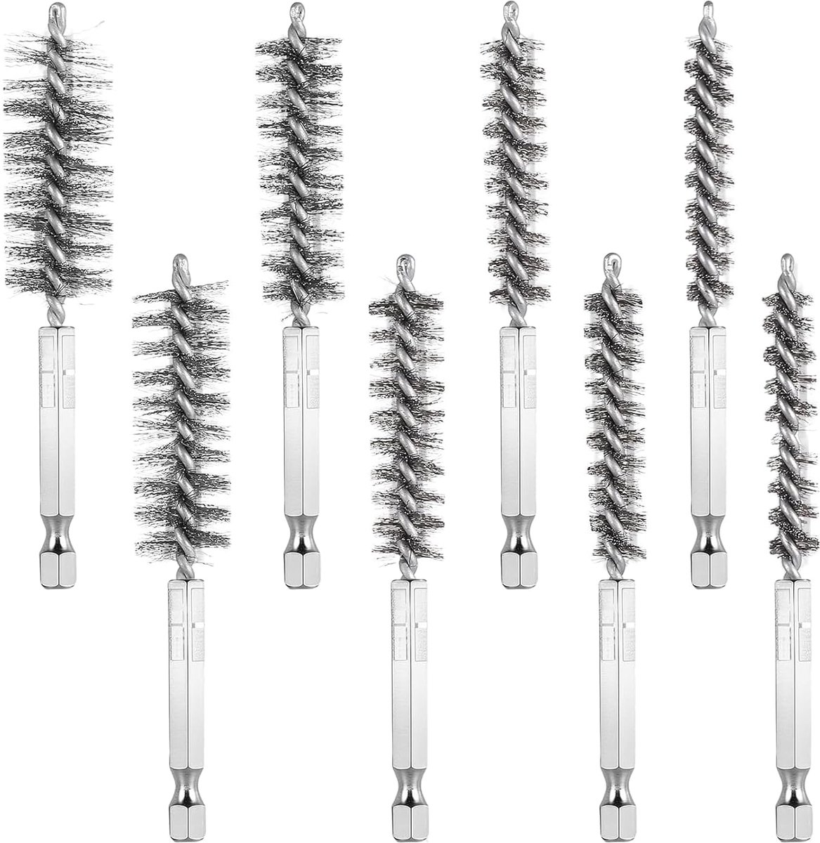 Set of 8 Cylinder Brushes, Stainless Steel Brushes, 8-19 mm Diameter, 1/4 Hexagonal Insert for Drills, Cleaning and - ShopVlot