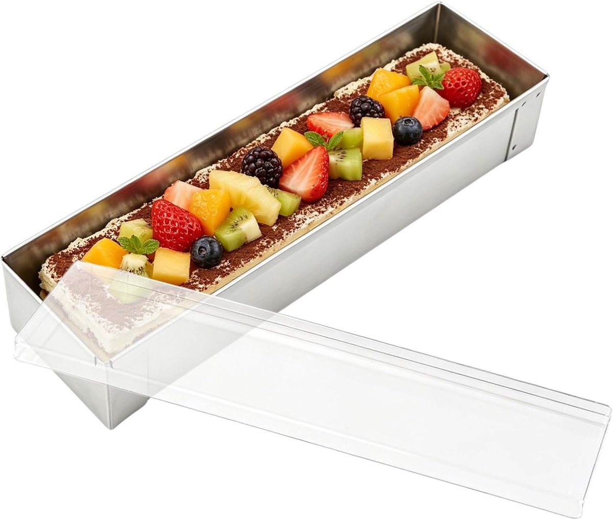 Bakvorm Tiramisu rechthoekig 40,3 x 10 x 6,3 cm - roestvrij staal met deksel - verstelbare mousse - ShopVlot