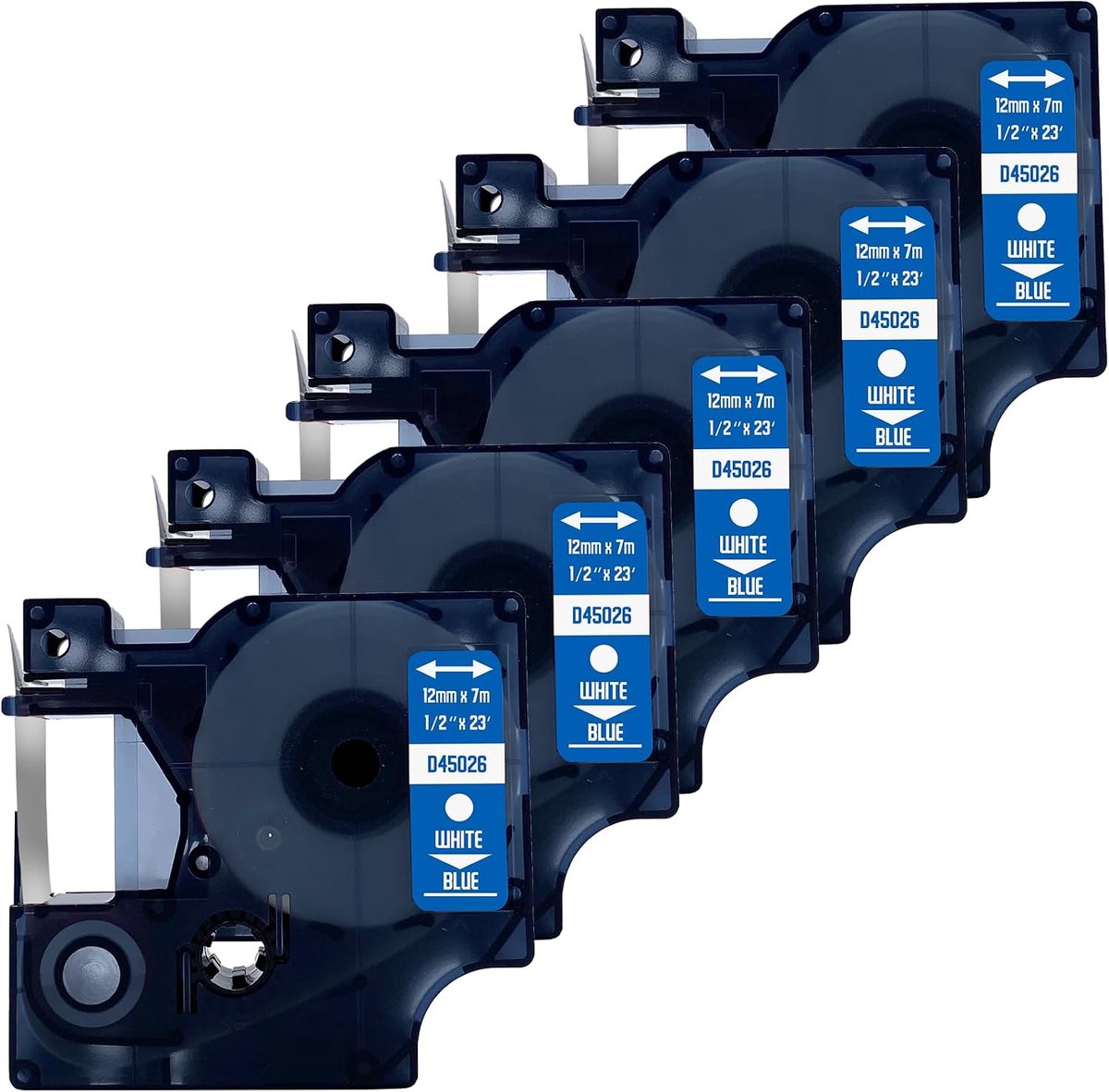 Label tape - 12mm x 7m - wit op blauw - duurzame labels voor organisatie - ShopVlot