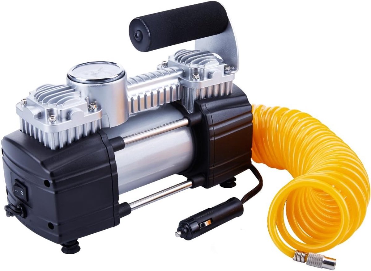 Bandenpomp - Zwart - Heavy Duty - Dubbele Cilinder Compressor met Batterijklem - Voor SUV's en Vrachtwagens