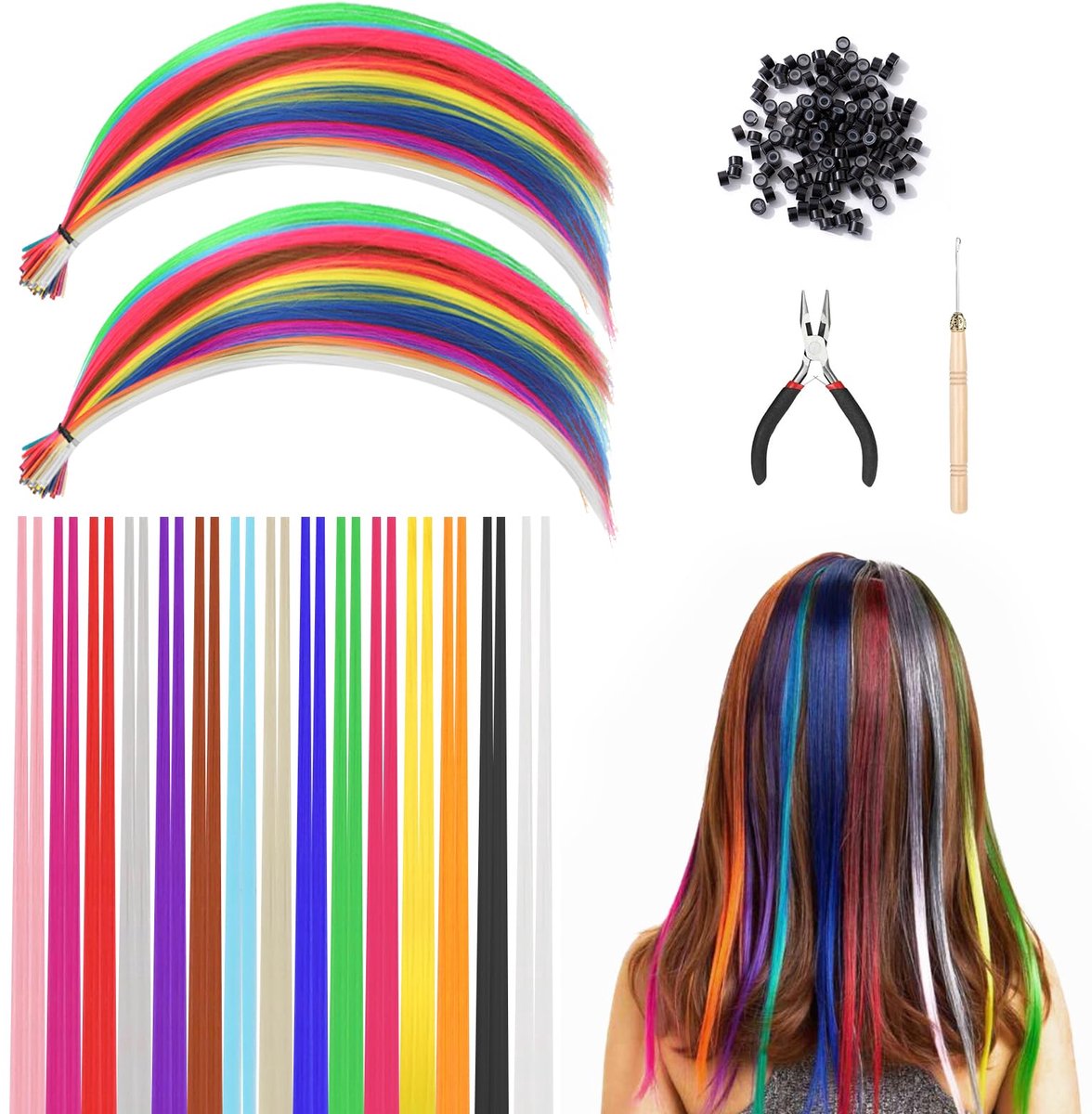 60 stuks kleurrijke haarextensies, 50 cm, kunsthaar, haarstrengen voor kinderen, 15 kleuren, haaraccessoires - ShopVlot