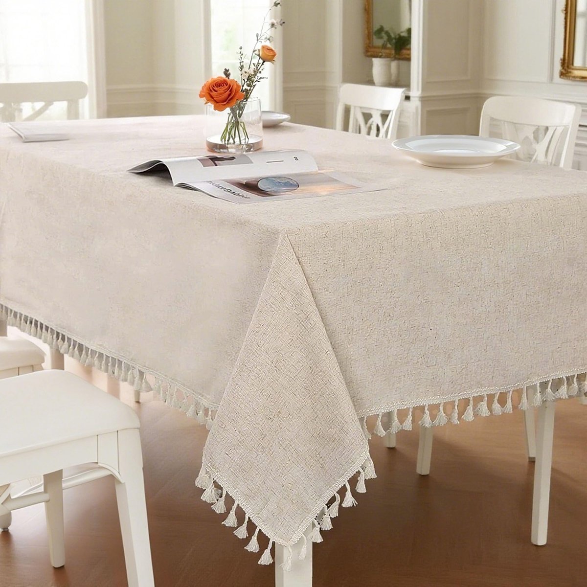 Famanu – Rechthoekig tafelkleed van linnen en katoen, 140 x 350 cm, beige, afwasbaar en kreukvrij, met kwastjes, voor keuken, eetkamer en tuintafel