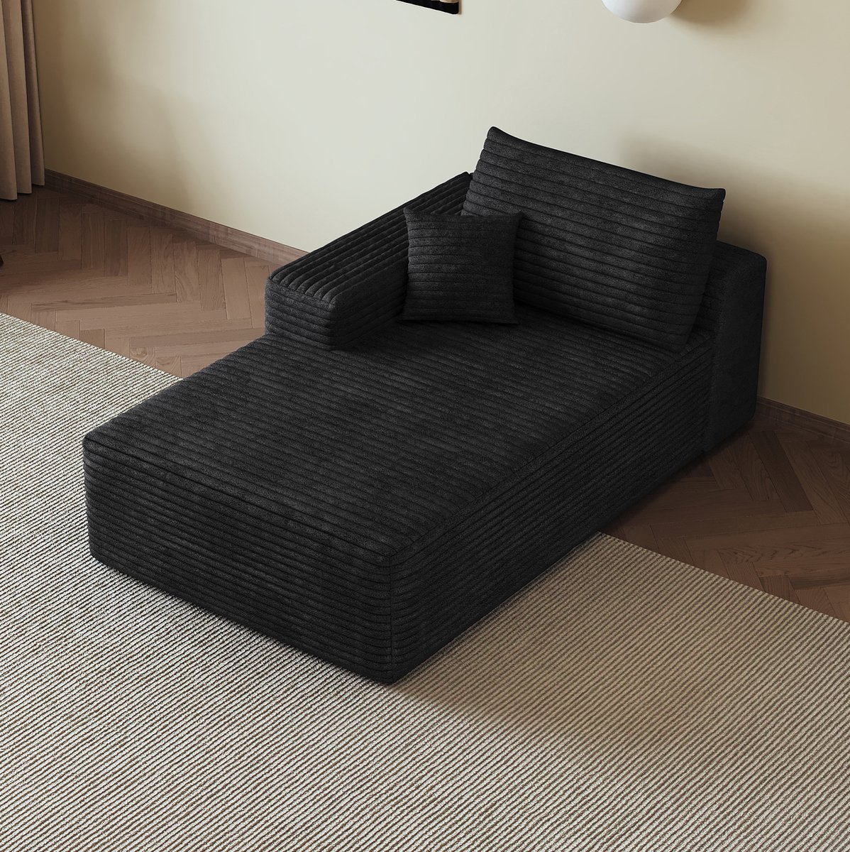 DESMIU Slaapbank 175 x 95 cm - 1-Zits Chaise Longue Zonder Montage - Voor Woonkamer En Slaapkamer - Stof Met Ribstructuur - Zwart