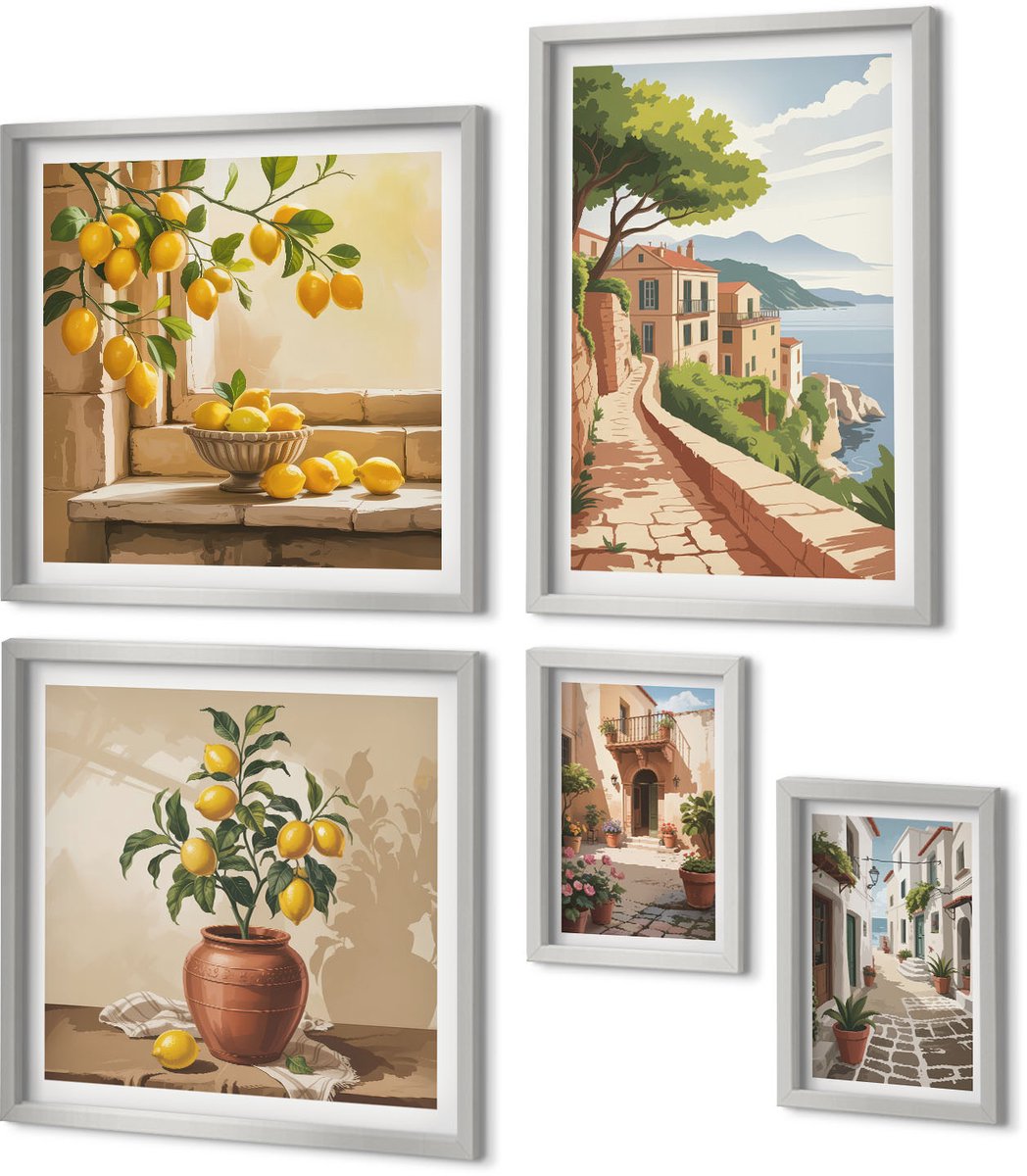 Coloray 5-Delige Schilderij Set - Bergmeer Met Een Boot En Houten Huisjes - 20 x 30 cm - Muurdecoratie - Schilderijen Set - Woonkamer - Decoratieve Schilderijen