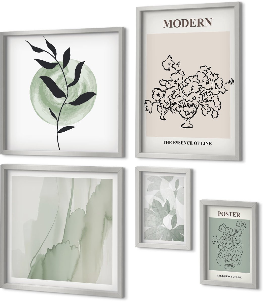 Coloray 5-Delige Schilderij Set - Minimalistische Posters Met Plantenpatronen En Abstracte Kunst. - 20 x 30 cm - Decoratieve Muurdecoratie - Slaapkamer - Interieur Decoratie