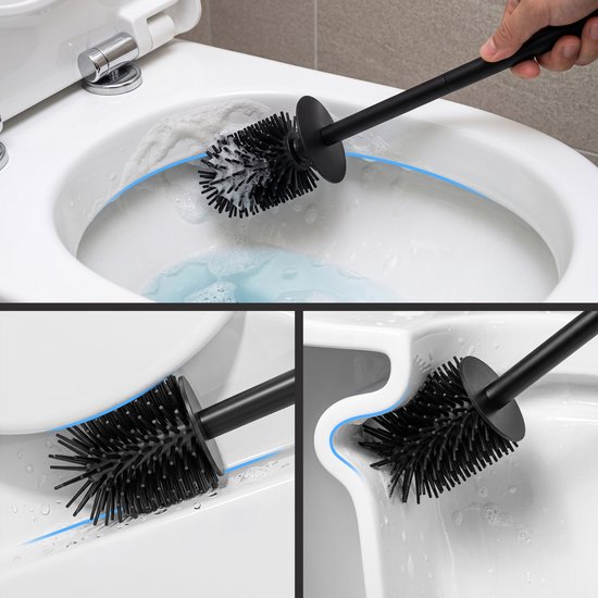Collage toont het gebruik van de zwarte siliconen toiletborstel in een witte toiletpot.