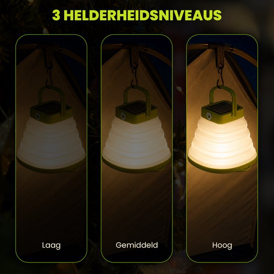 Tech Essentials Solar LED Lantaarn - Opvouwbaar - Groen - Tentlamp - Led Lamp Oplaadbaar - Kamperen - Nood - Storm - Hanglamp - Zonne Energie - USB-C — afbeelding 4