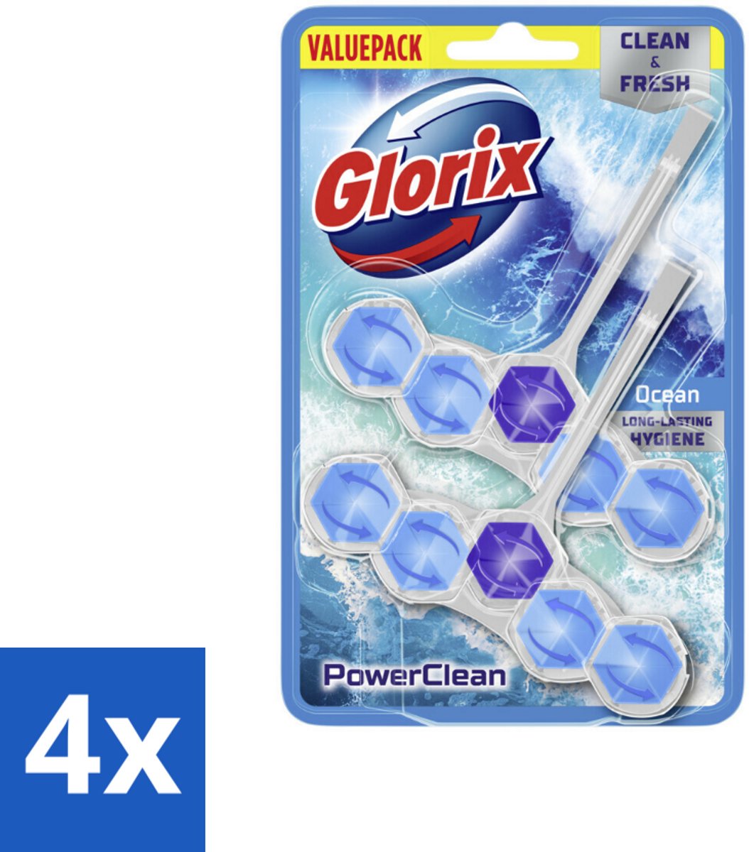 4 x Glorix - Toiletblok - Power Clean Ocean - Frisse Geur - 2 blokken - Toilet Schoonmaak - Toiletblok - Wc Reiniging - Anti-kalk - Frisse Wc