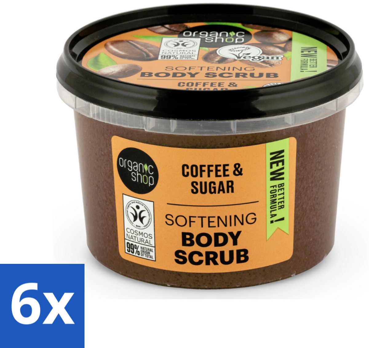 6 x Organic Shop - Organic Coffee & Sugar Body Scrub - Hydraterend en Peeling - 250 ml - Organische Bodyscrub - Koffie Scrub - Suiker Scrub - Hydraterende Bodyscrub - Exfoliërende Bodyscrub