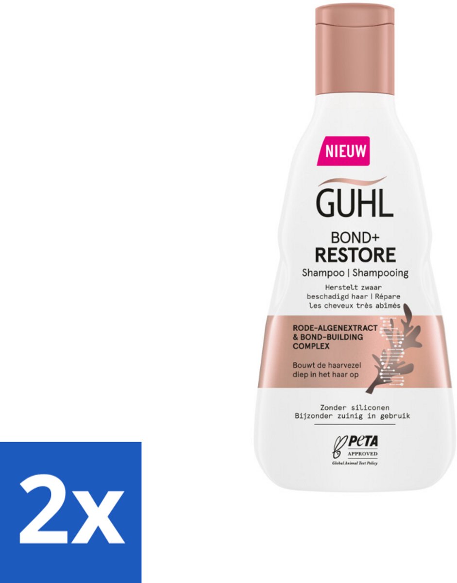 2 x Guhl - Shampoo - Bond+ Restore - 250 ml - Herstellende Shampoo - Beschadigd Haar - Haarversterking - Rode Algen Extract - Bond-building Complex