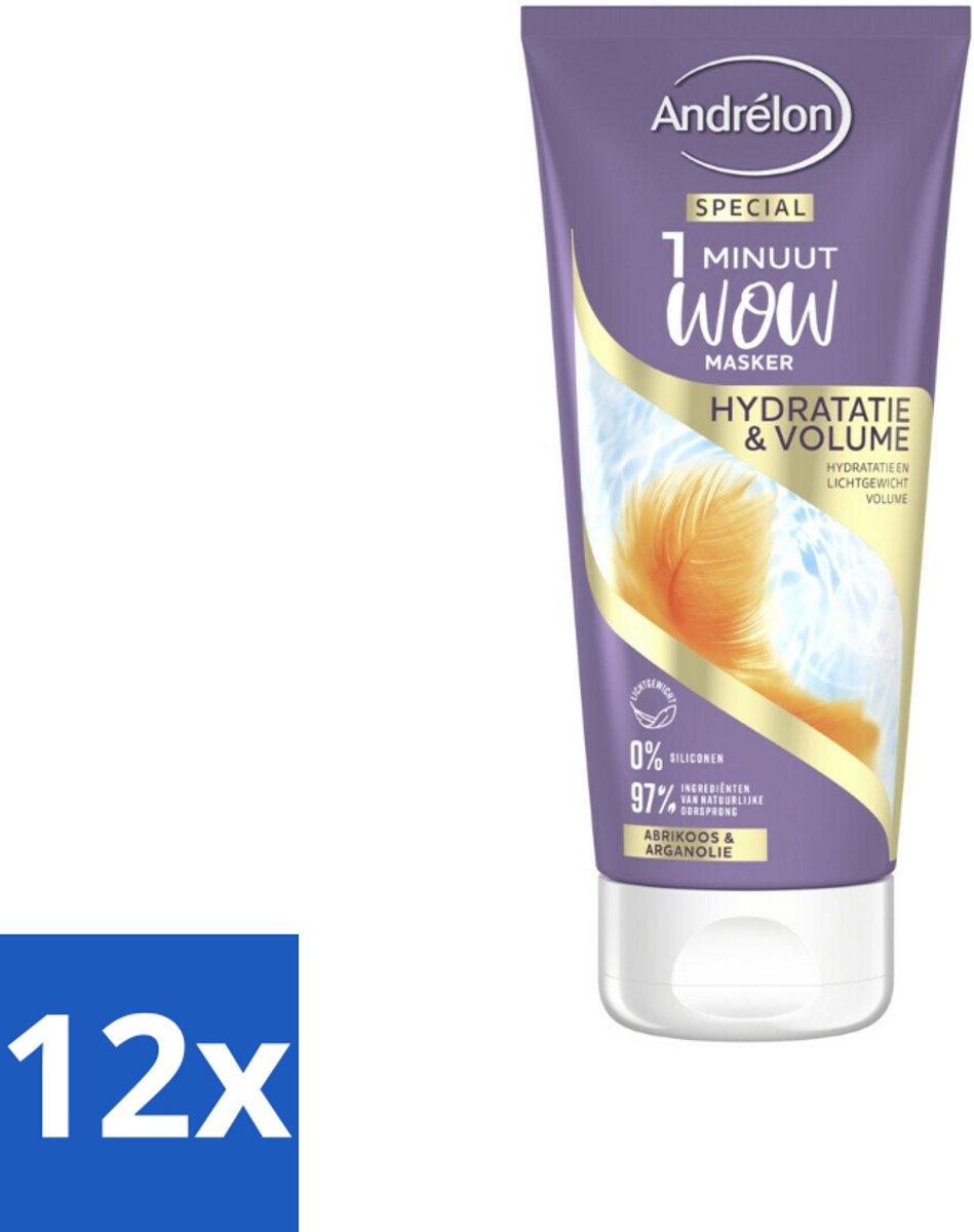 12 x Andrélon - WOW - 1 Minuut Masker - Hydratatie & Volume - 180 ml - Haar Masker - Hydraterend Masker - Volume Masker - Droog Haar - Fijn Haar