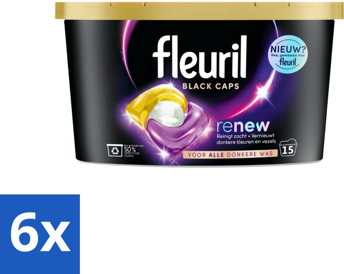 6 x Fleuril - Wasmiddel - Renew Black Caps - Zwarte Was - 15 wasbeurten - Wasmiddel Capsules - Zwarte Was - Wasverzachter - Kleurherstel - Wasmiddel Voor Donkere Kleding