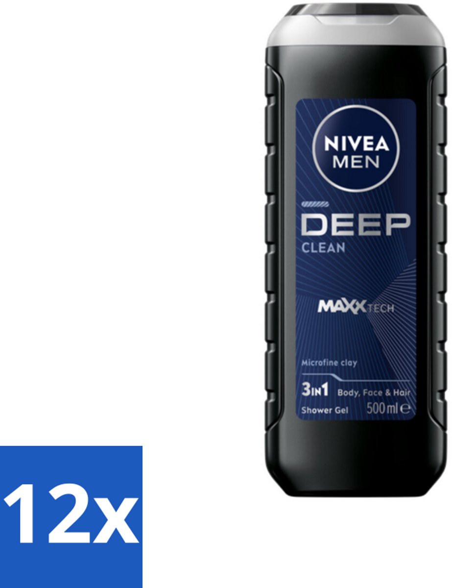 12 x NIVEA MEN - Douchegel - Deep Clean 3-in-1 - 500 ml - Diepe Reiniging - Microklei - Douchegel - Lichaam Reinigen - Gezicht Reinigen