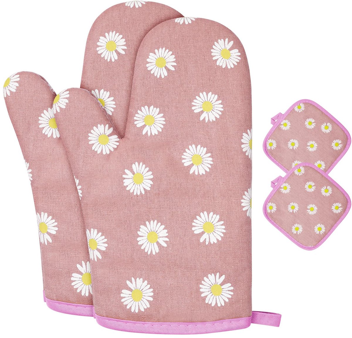 Hittebestendige barbecuehandschoenen van katoen met antislip, 1 paar ovenwanten en pannenlappen in roze met madeliefjes, ideaal voor koken, bakken en barbecueën