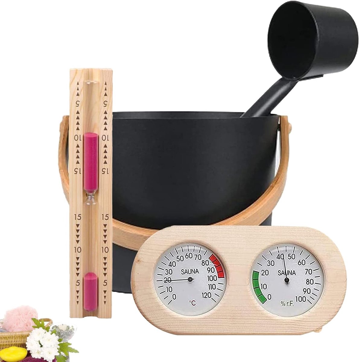 Sauna bucket set 4-delig 7L - hoogwaardig Fins grenenhout - compleet met lepel en thermometer - ShopVlot