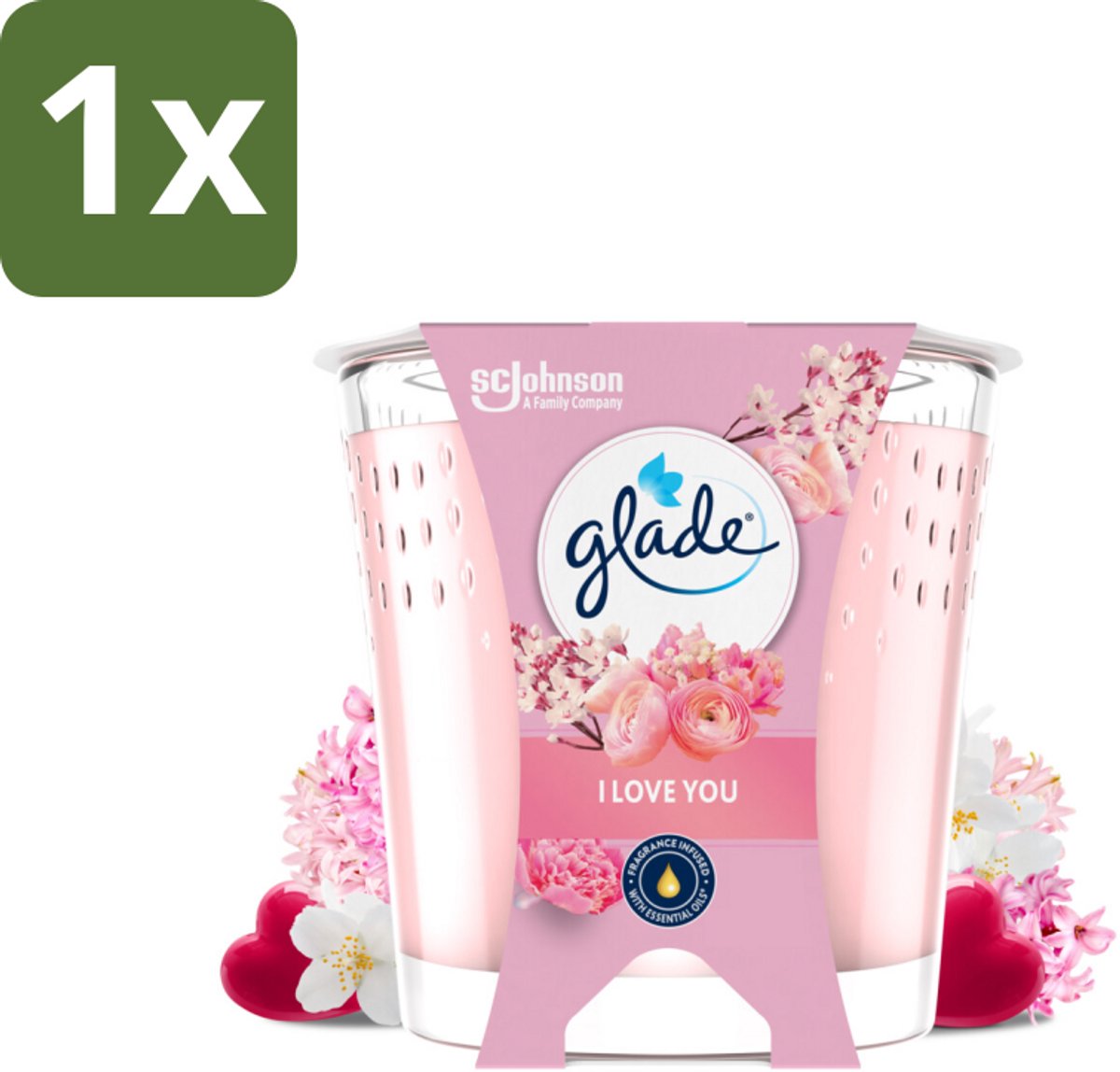 Glade 1 x Glade - Geurkaars I Love You - 100% Raapzaadwas & Vegan - 112 g - Geurkaars I Love You - Vegan Geurkaars - Bloemige Geur - Kaars 100% Raapzaadwas - Milieuvriendelijke Kaars roze