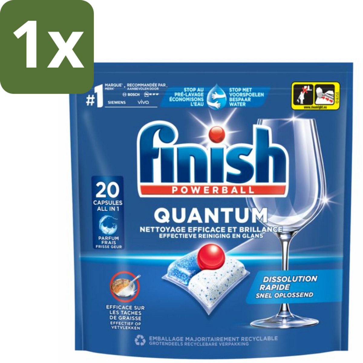 1 x Finish - Vaatwasmiddel - Quantum Vaatwastabletten Regular - Diepe Reiniging - 20 capsules - Vaatwasmiddel - Vaatwasmiddel Tablet - Vaatwasmiddel Quantum - Vaatwasmiddel Diepe Reiniging - Vaatwasmiddel Glans