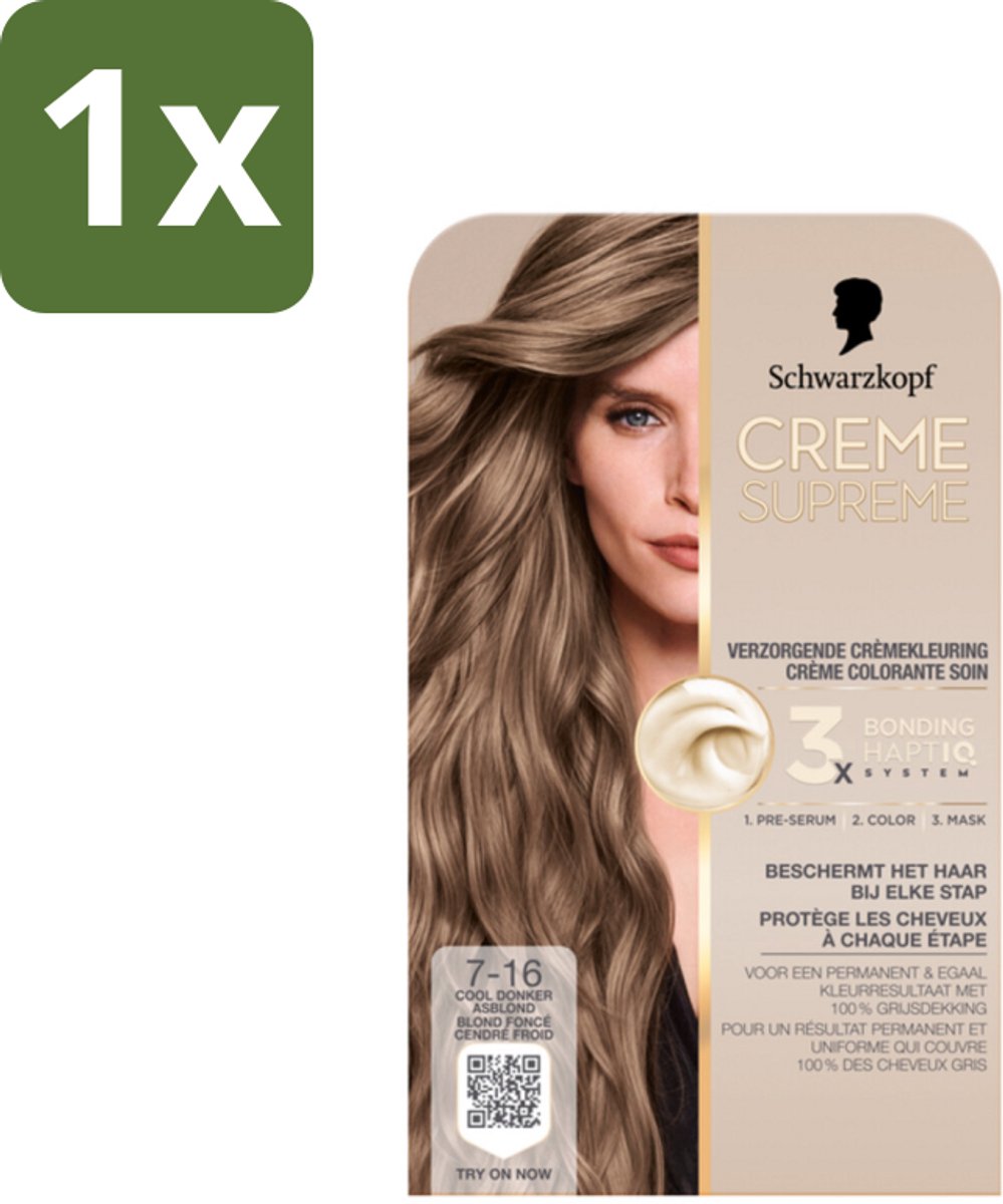 1 x Schwarzkopf - Haarkleuring - Creme Supreme 7-16 - Cool Donker Asblond - 245g - Haarkleuring - Cool Donker Asblond - Permanent Haarverf - 100% Grijsdekking - Vegan Haarverf