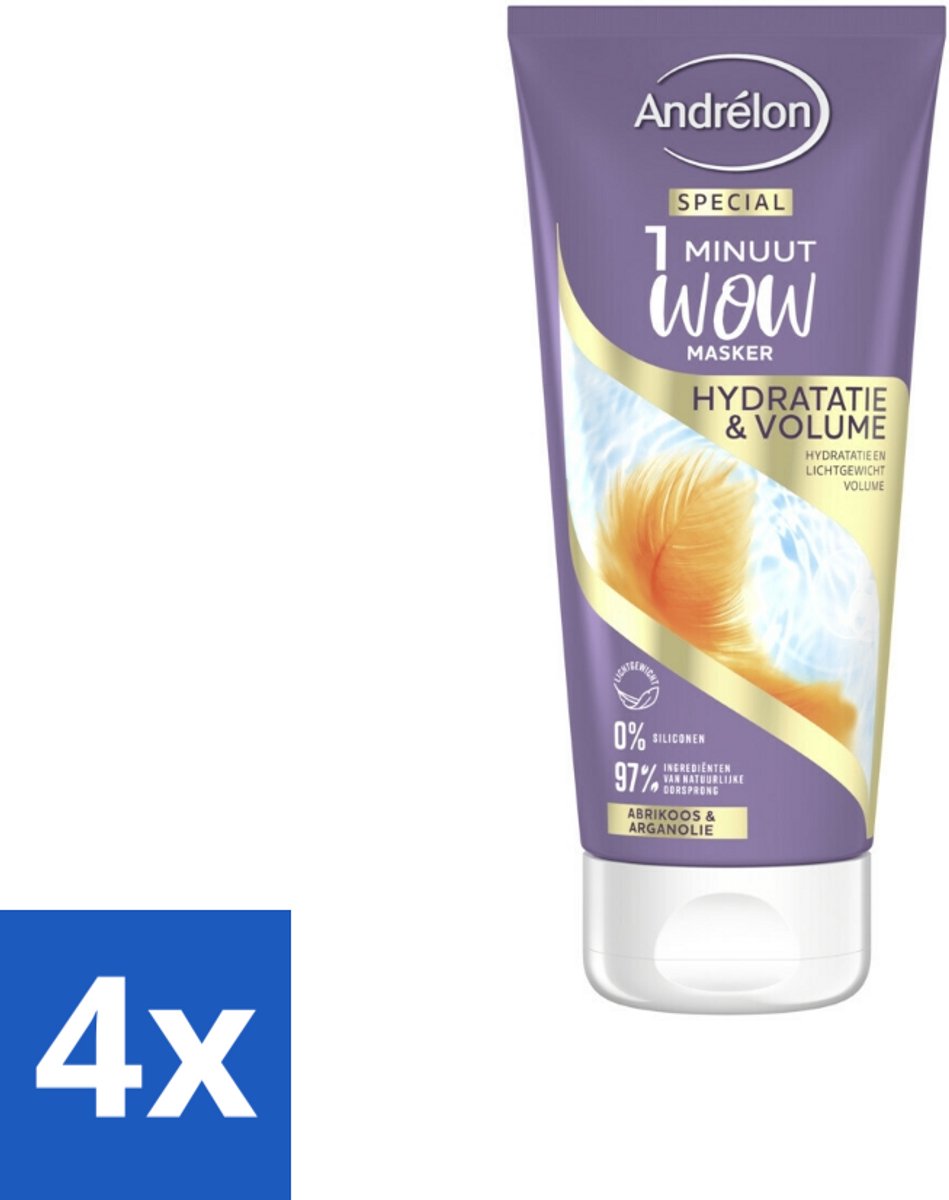 4 x Andrélon - WOW - 1 Minuut Masker - Hydratatie & Volume - 180 ml - Haar Masker - Hydraterend Masker - Volume Masker - Droog Haar - Fijn Haar