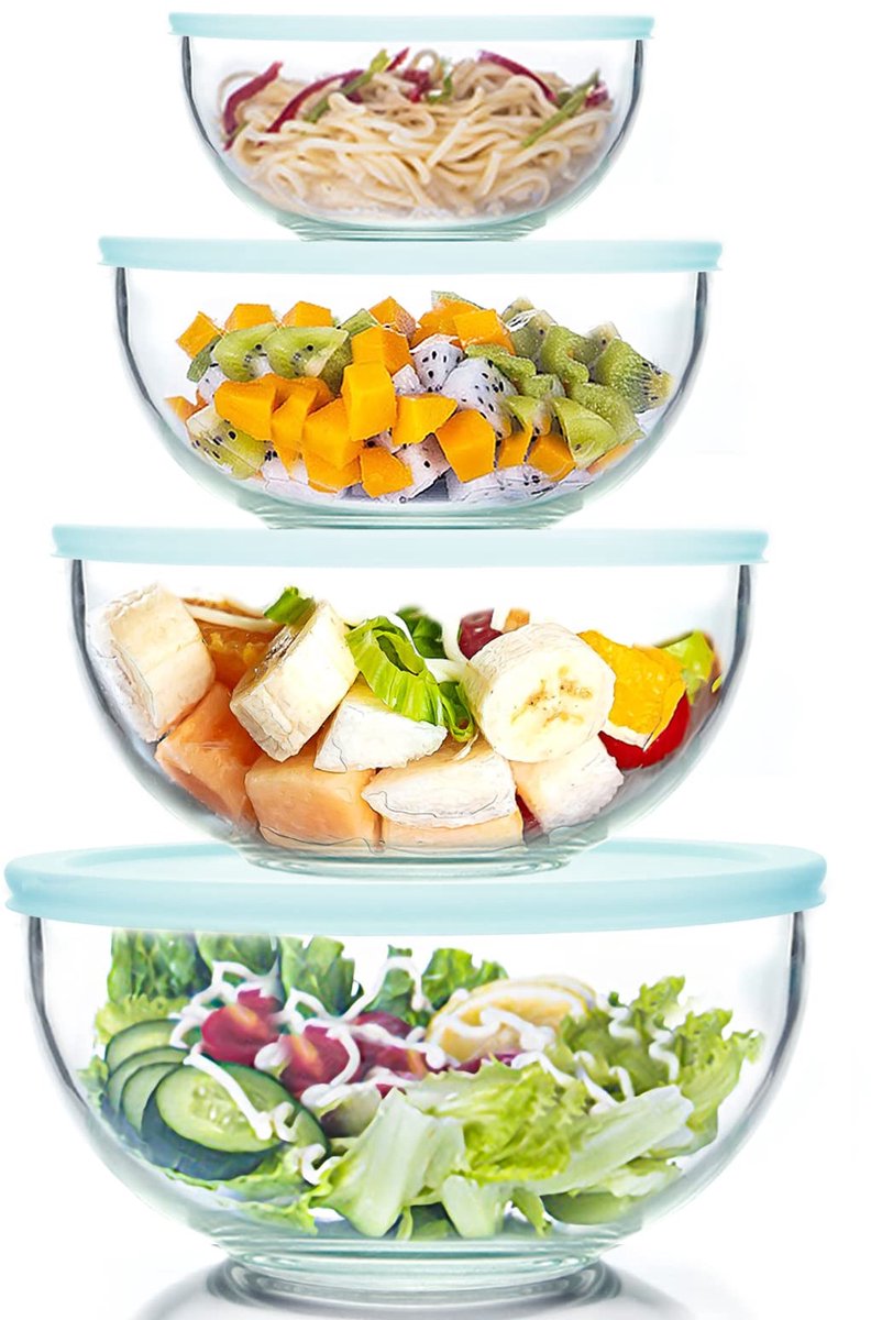 Famanu – 4-delige glazen schaalset met deksel, glazen mengschaalset (3,5L, 2,0L, 1,0L, 0,5L), grote slaadschaal met deksel, oven-, magnetron- en vaatwasserbestendig