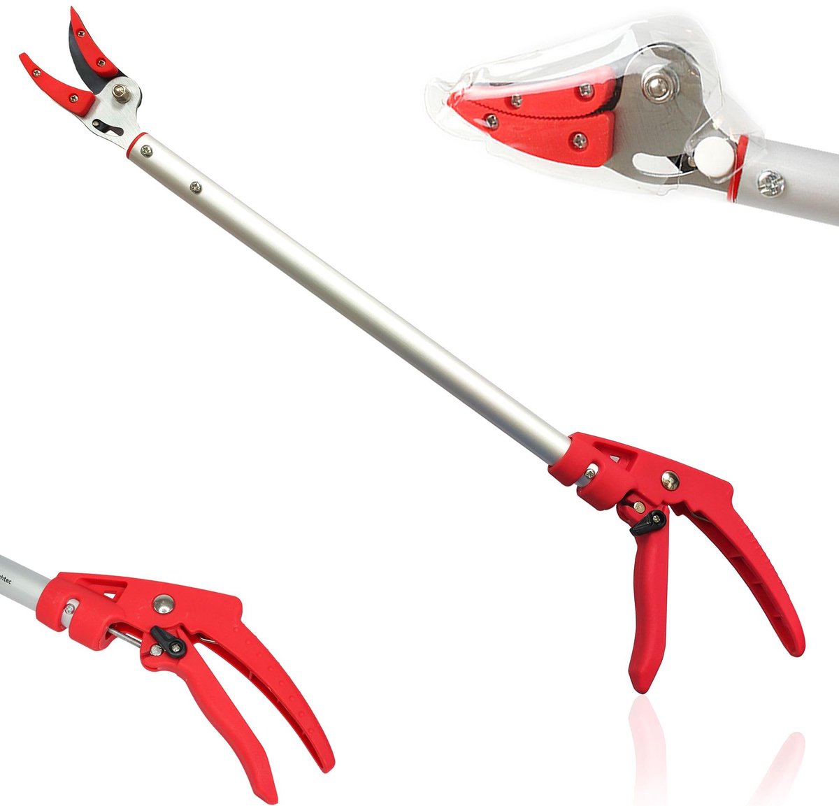 Famanu – Snoeischaar met lange steel en aluminium vasthoudtang, met tefloncoating en veiligheidsslot, lengte 64 cm, rood