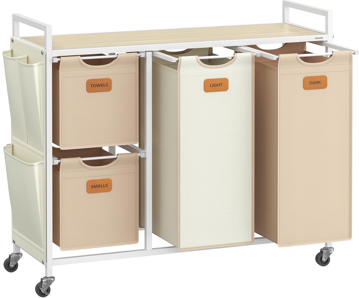 Famanu – Wasmand met 4 compartimenten, 150 L, waswagen met plank en wielen