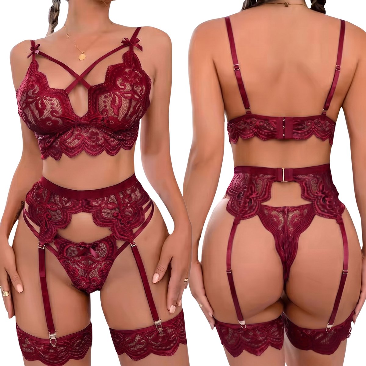 Sexy KANTEN dameslingerie, vierdelige set, BORDEAUX erotische lingerie L