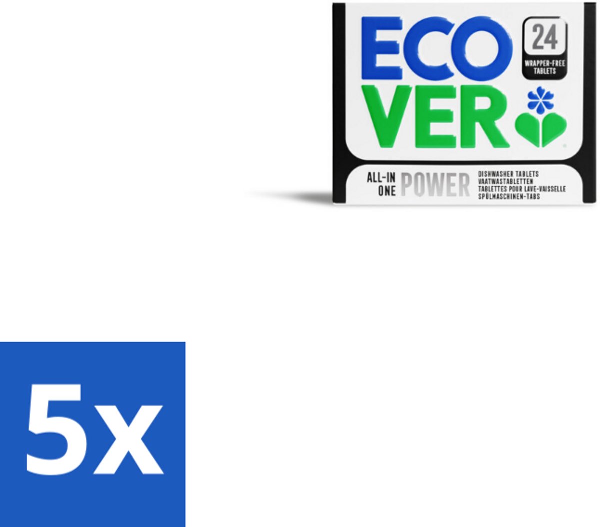 5 x Ecover - Vaatwastabletten All-in-One Power - 24 Tabs - Vaatwastabletten - Vaatwasmiddel - Krachtige Reiniging - Vet Verwijderen - Glansspoelmiddel