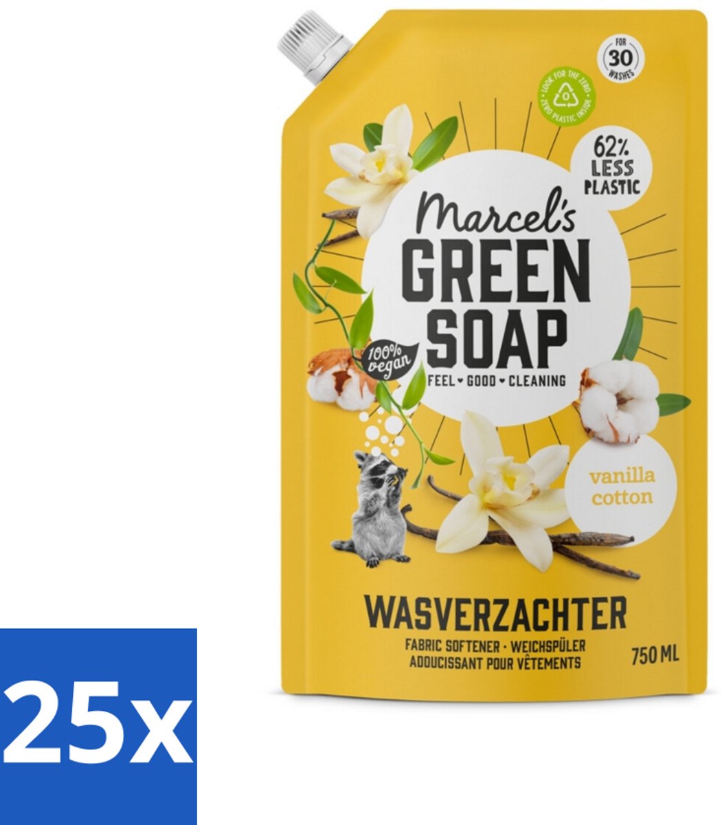 25 x Marcel's Green Soap - Wasverzachter - Navulling - Katoen & Vanille - Zachte frisheid- 30 Wasbeurten - 750 ml - Wasverzachter - Wasverzachter Navulling - Wasverzachter Katoen - Wasverzachter Vanille - Wasverzachter Milieuvriendelijk