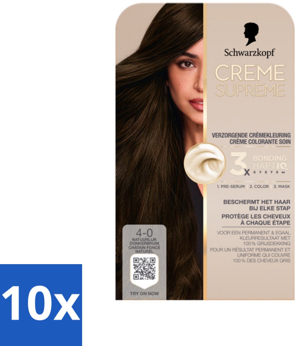 10 x Schwarzkopf - Haarkleuring - Creme Supreme 4-0 - Natuurlijk Donkerbruin - 245g - Haarkleuring - Permanent - Donkerbruin - 100% Grijsdekking - Haarverzorging