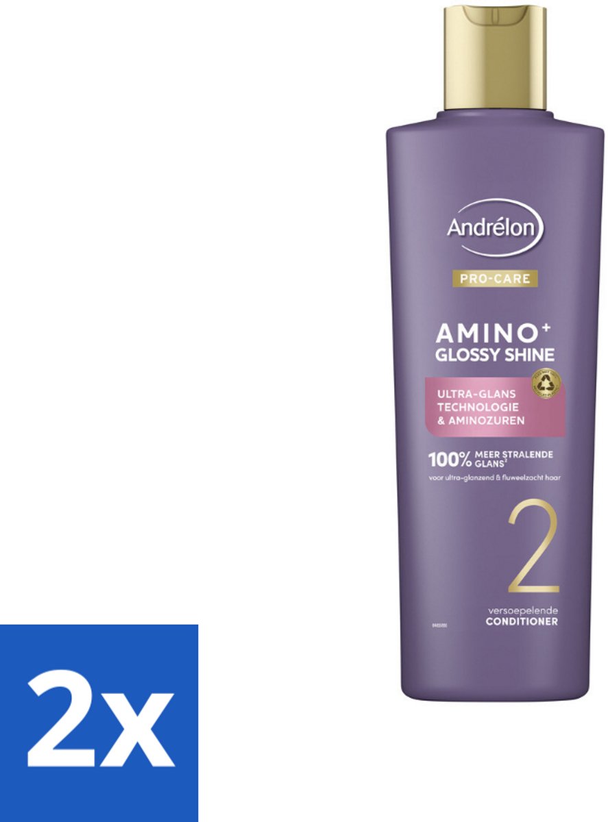 2 x Andrélon – Conditioner – Pro Care Amino+ Glossy Shine – 250 ml - Haar Glans - Aminozuren - Zijdezacht Haar - Spiegelachtige Glans - Zachter Haar