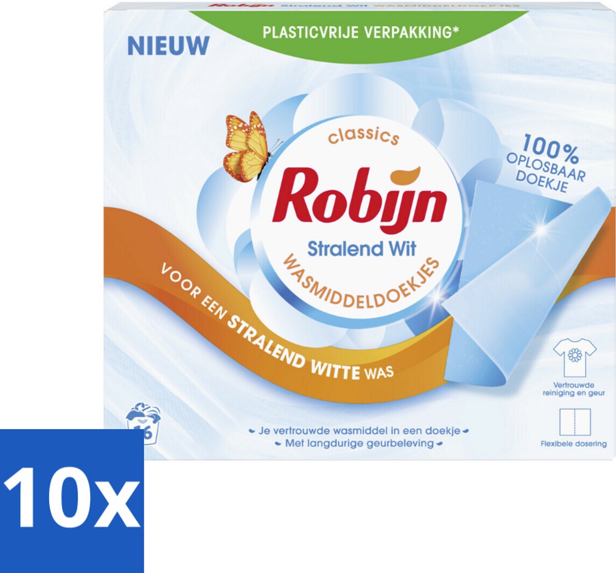 10 x Robijn Classics - Stralend Wit - Wasmiddeldoekjes - 16 Wasstrips - Wasmiddeldoekjes - Stralend Wit - Robijn - Wasstrips - Fris