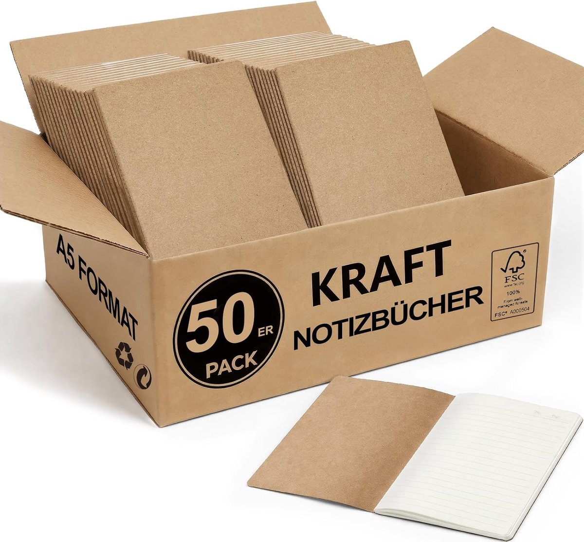 50 stuks A5 gelinieerde notitieboeken, 60 pagina's gelinieerde papieren tijdschriften, 21 x 14 cm, natuurlijke - ShopVlot