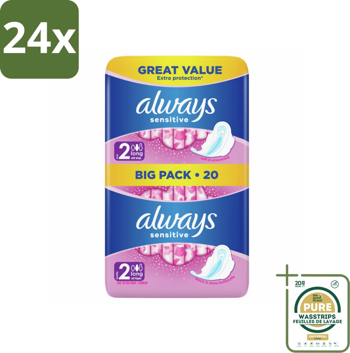 Always - Maandverband - Long - Sensitive - 20 Maandverband - Voordeelverpakking - 24 stuks - Always Sensitive - Ultra lang