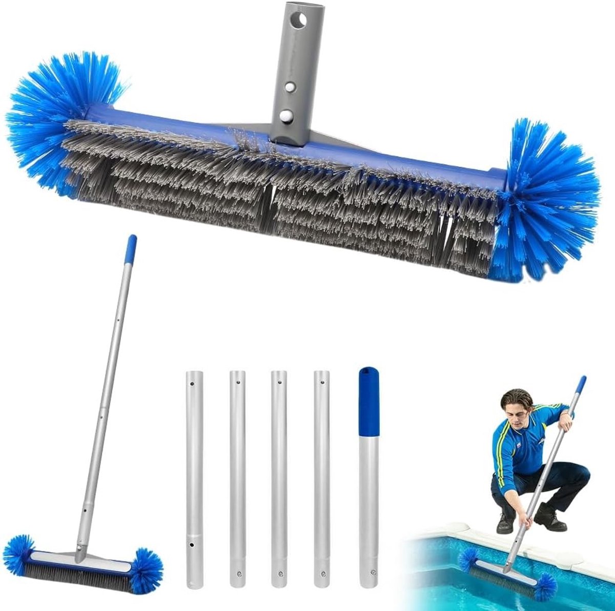 Ronde zwembadborstel - Blauw - 150 x 43 x 11 cm - Met Uitschuifbare Steel - Voor Zwembaden en Badkamers