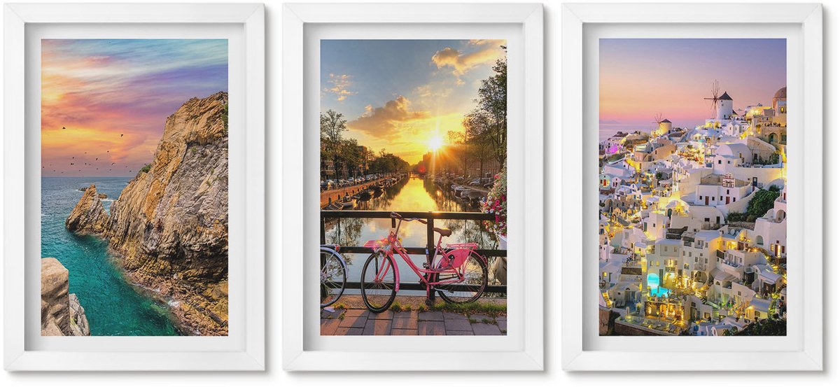 Wallfluent 3-Delige Schilderij Set - Uitzicht Op Zee Met Zonsondergang En De Stad - 20 x 30 - Muurdecoratie - Decoratieve Schilderijen - Wohnzimmer - Woonkamer Decoratie