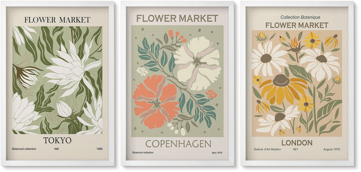 Wallfluent 3-Delige Schilderij Set - Bloemmotieven Uit Verschillende Steden Over De Hele Wereld - 40 x 60 - Stijlvolle Muurdecoratie - Kantoor - Wanddecoratie