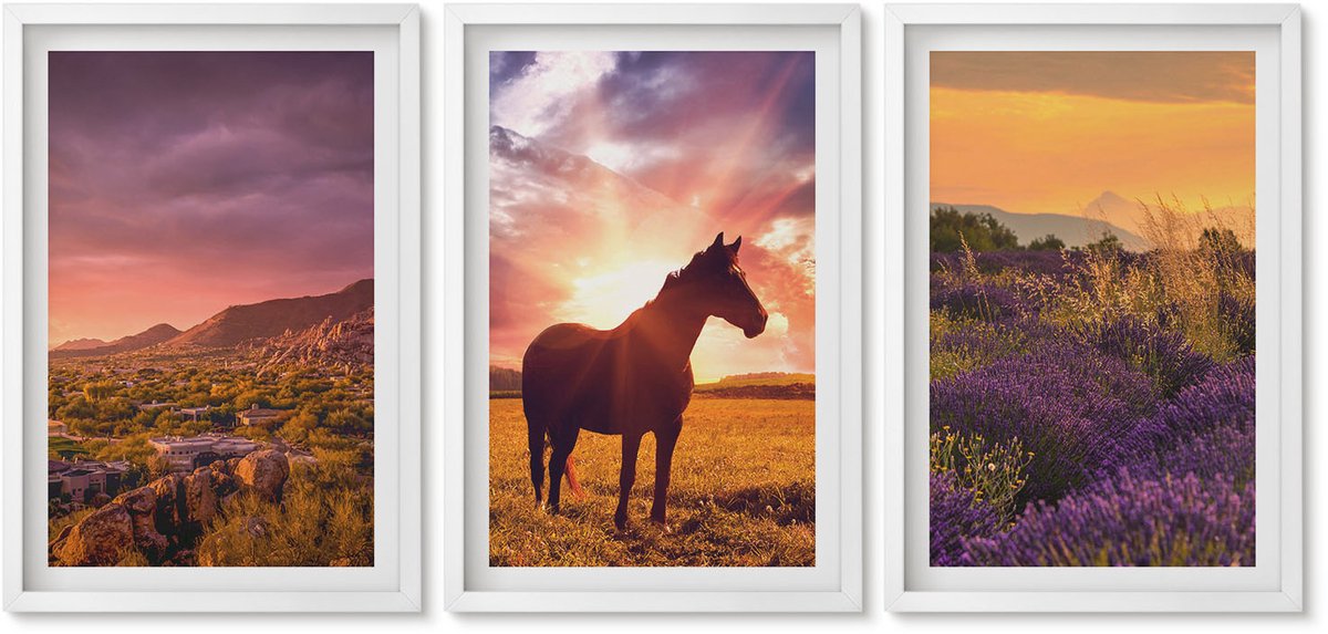 Wallfluent 3-Delige Schilderij Set - Berglandschappen Met Paarden En Lavendelvelden - 40 x 60 - Muurdecoratie - Interieur Decoratie - Stijlvolle Muurdecoratie